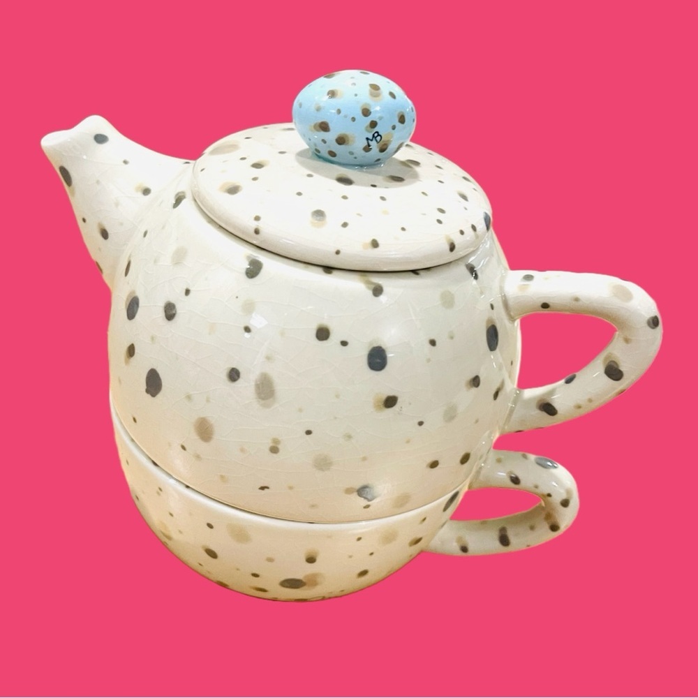 Vintage MARJOLEIN BASTIN Speckled Robins Egg Stacking Teapot - 90’s